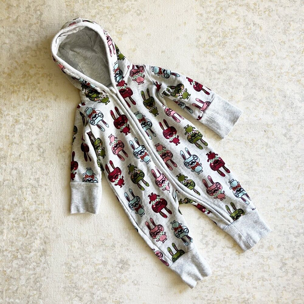 Polarn O Pyret Hooded Romper Baby 1-2M Bunny Rabbit Print One Piece Unisex
